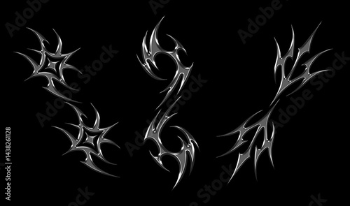 3d chrome metal of y2k tribal sigilism tatto. Flame shape in liquid mercury. 3d illustration of abstract neo tribal cyber sigil metallic melted modern burn form, design element. 3D Illustration