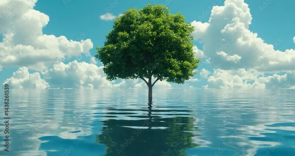Tree floating on water with sky background