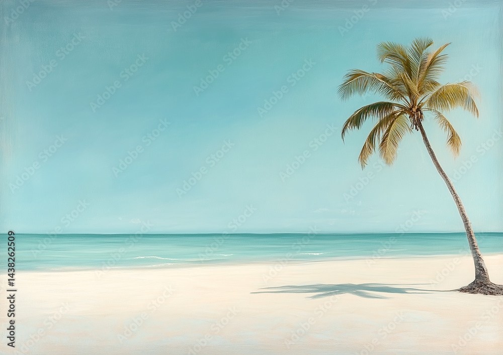 Obraz premium Tropical sandy beach with single leaning palm tree and soft pastel blue sky above calm turquoise ocean, peaceful serene vacation destination, minimalistic empty paradise island background