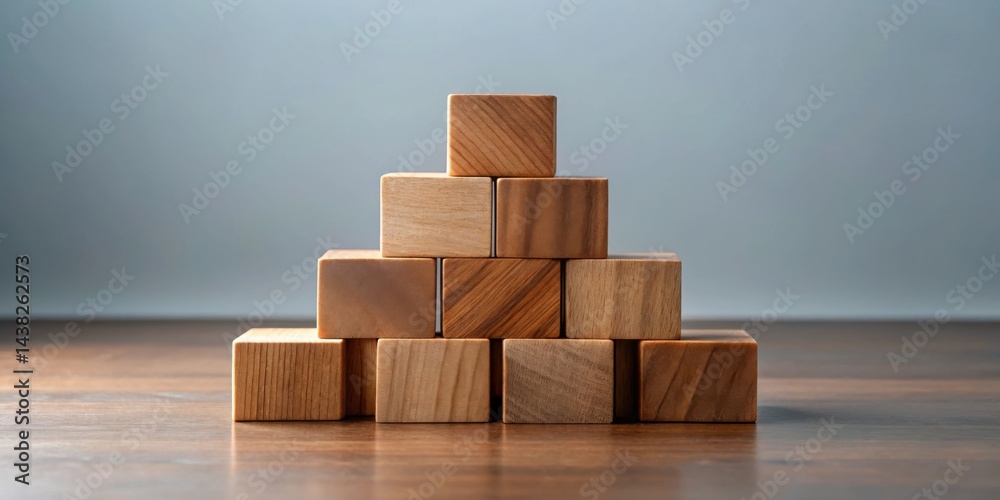 A pyramid constructed from wooden blocks, each block showcasing the natural grain of the wood, resting on a dark wood surface with a soft, neutral backdrop. A pyramid constructed from wooden blocks, each block showcasing the natural grain of the wood, resting on a dark wood surface with a soft, neutral backdrop.