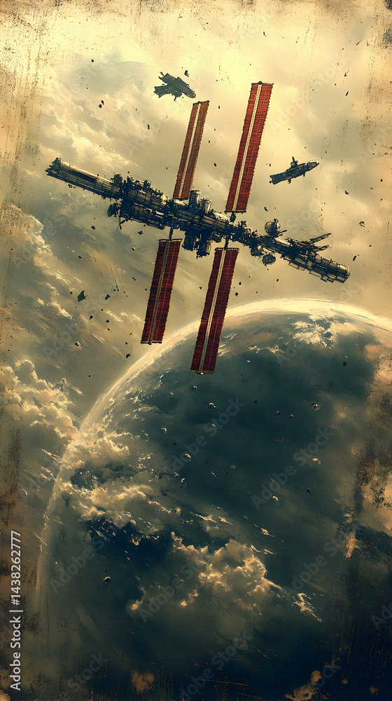 Naklejka premium Detailed view of a space station orbiting a cloudy planet spaceships flying nearby