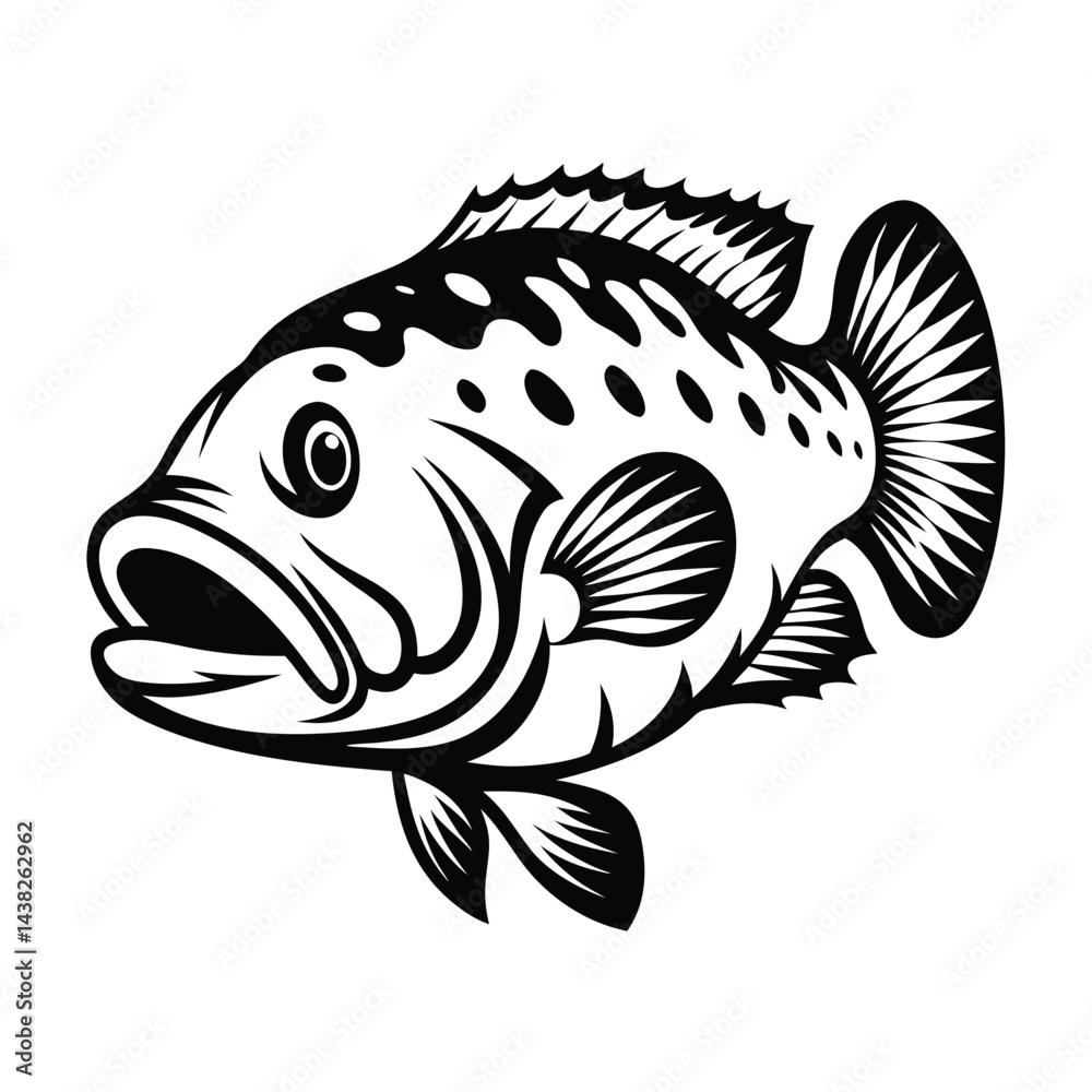 Fototapeta premium Grouper Fish Monochrome with Details | Sea Creature Icon, Isolated, Black