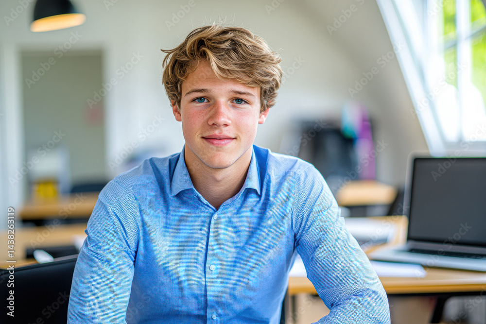 Fototapeta premium A young man with curly hair smiles while seated in a modern office setting with computers in the background.