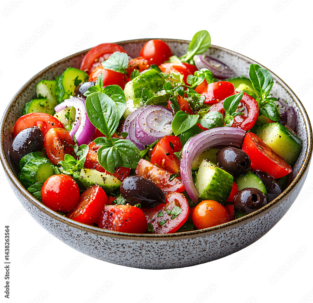 Vibrant salad bowl with fresh vegetables, olives, and red onion, isolated on a transparent background Vibrant salad bowl with fresh vegetables, olives, and red onion, isolated on a transparent background