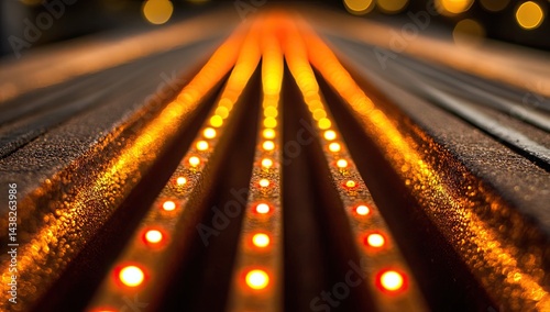 Glowing orange LED lights arranged in parallel lines on a dark textured surface, converging towards the viewer