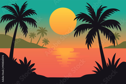 Palm Trees Silhouette on Sea Background at Sunset