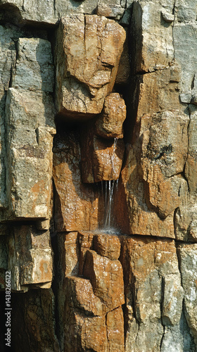 Water trickles down layered weathered rock formations in an outdoor setting