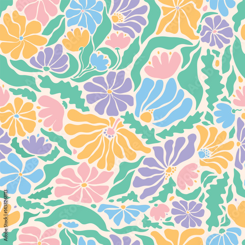 Abstract pastel florals and leaves seamless pattern for wallpaper, nursery prints, bedding, textile, planners, wrapping paper, home decor, packaging, etc. EPS 10