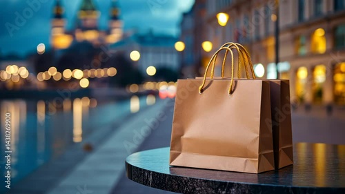 Shopping bags on a table at dusk, city view