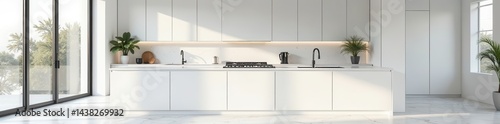Bright white marble dominates modern studio kitchen , architectural detail, modern, interior design
