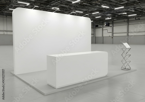 Blank tradeshow booth mockup with counter and brochure holder in large industrial hall setting ready for your design