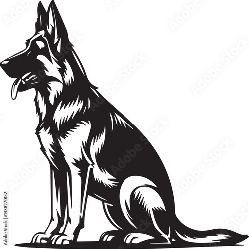 Dog profile, silhouette, sitting position, devoted friend, fur texture, attentive ears, open mouth, long tail, black and white contrast, clear background, minimalist design, vector art, graphic