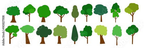 Green trees. Large set of cartoon trees. Deciduous trees, park area