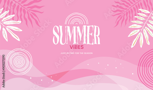 Bright pink summer background with tropical leaves, abstract waves, and playful elements. Perfect for seasonal promotions, invitations, social media, and summer events. Vibrant and fun.