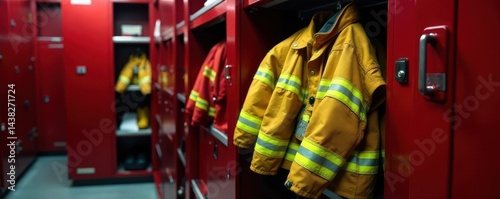 Neatly folded firefighter turnout gear in a fire station locker , firefighter attire, reflective