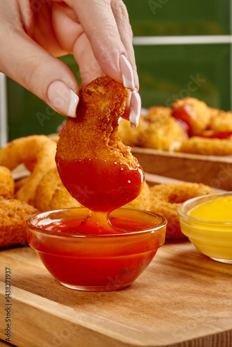 Woman dipping breaded chicken nuggets into spicy ketchup sauce