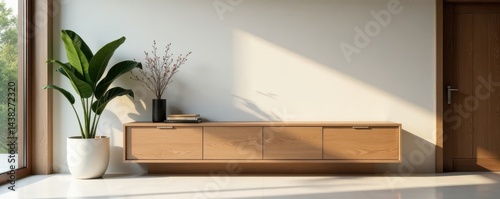 Sleek wood console, empty top Modern foyer design , shelf, simple, home decor