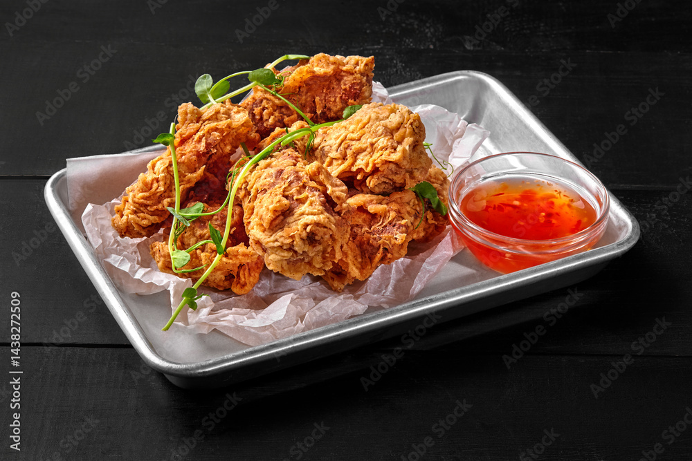 Crispy fried chicken wings served with spicy chili sauce on metal tray
