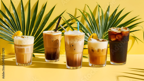 Summer coffee drinks featuring iced latte, espresso, and cold brew, beautifully arranged with palm leaves on a bright, vibrant background