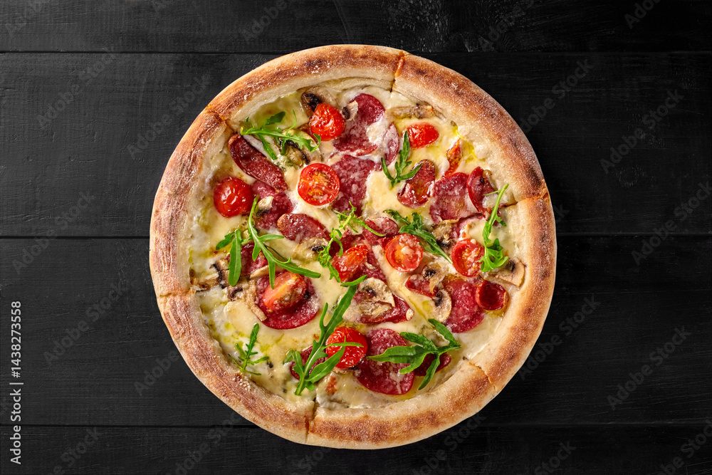 Round pizza with salami, mushrooms, arugula and cherry tomatoes is showing its delicious look