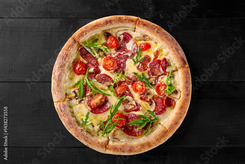 Obraz na płótnie Round pizza with salami, mushrooms, arugula and cherry tomatoes is showing its delicious look w salonie