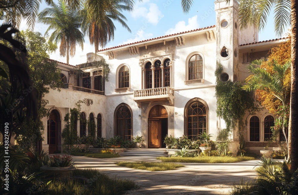 Obraz premium Elegant, sun-drenched mansion in tropical garden