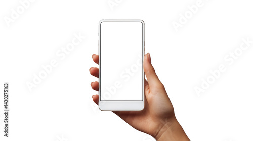 Mock-up template showcasing a hand holding a blank white smartphone, ideal for mobile advertising and creative branding concepts photo
