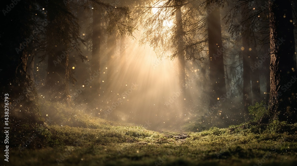 Fototapeta premium Enchanted forest with mist and golden light rays, mossy ground, sparkles in the air, magical atmosphere, central empty space