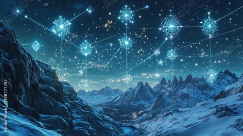 Frozen landscape, network of connections, starlit night