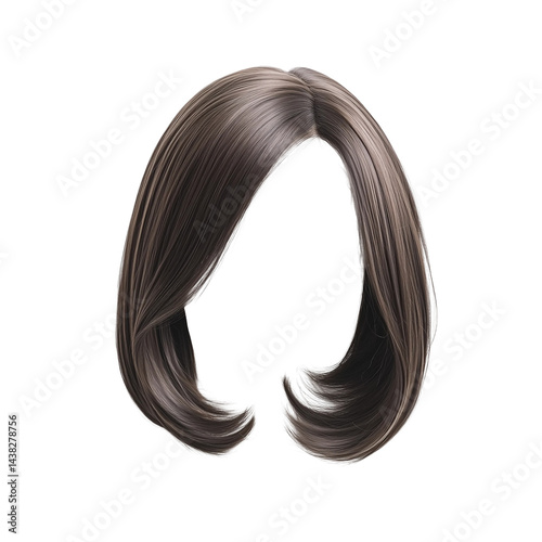 Dark brown hair wig on white background,flat lay arrangement,clipart,PNG,transparent background.