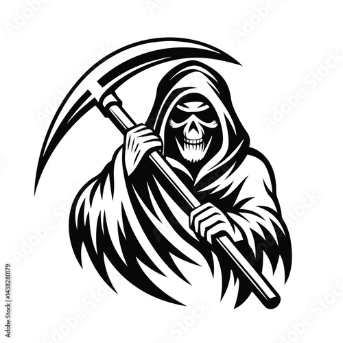 Grim Reaper Silhouette with Scythe. Monochrome Death Character Holding Weapon Design