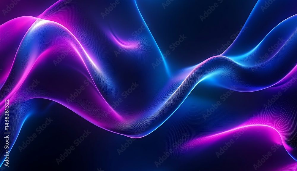 Abstract background with colorful waves of light and smoke in dark blue, purple, pink and orange.
