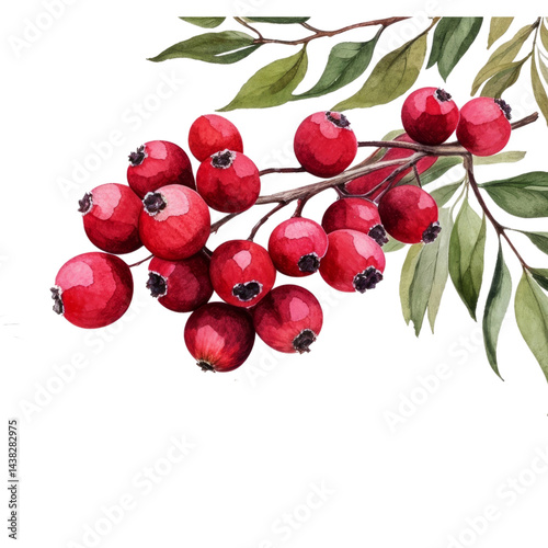 Realistic watercolor red berry cluster and green leaves botanical illustration