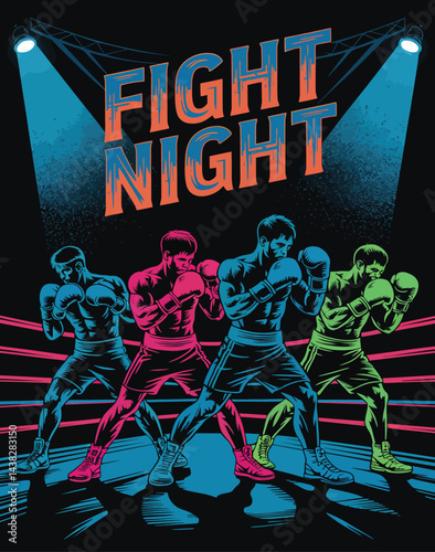 Vivid fight night illustration of boxers in a boxing ring