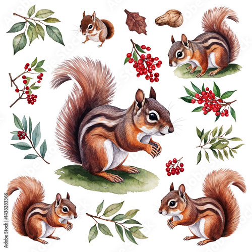 Chipmunks with forest leaves and red berries watercolor Christmas seamless pattern