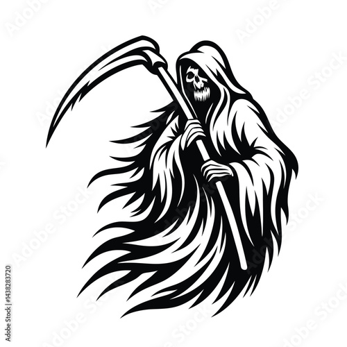 Monochrome Grim Reaper Cloaked Figure Holding Scythe, Skull Face, Hooded, Silhouette