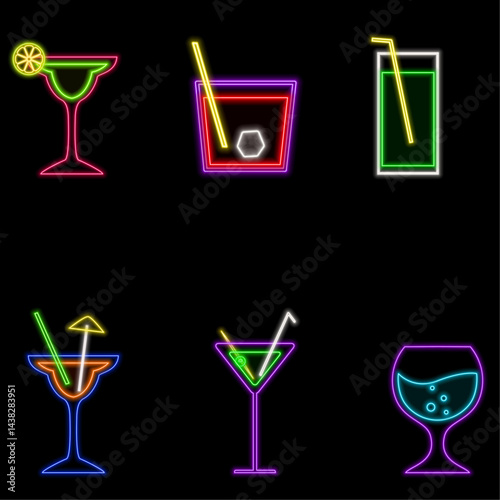 Neon alcoholic drinks sign isolated vector. Cocktails neon icon set. Cocktail light symbol, decoration effect. Neon drinks illustration.