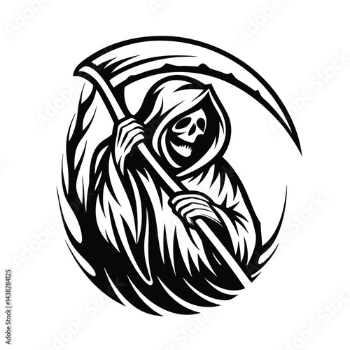 Grim Reaper Skull with Hood Holding Scythe in Hand, Black & White Silhouette Design