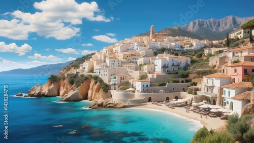 High-angle, full shot of a coastal town nestled in a dramatic mountain landscape.