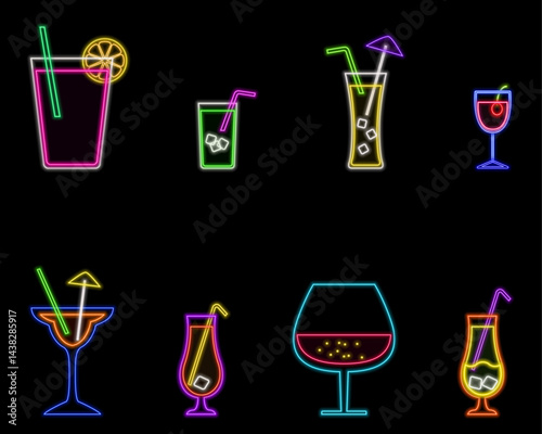 Neon cocktail icon set. cocktails with straws. several different models.
