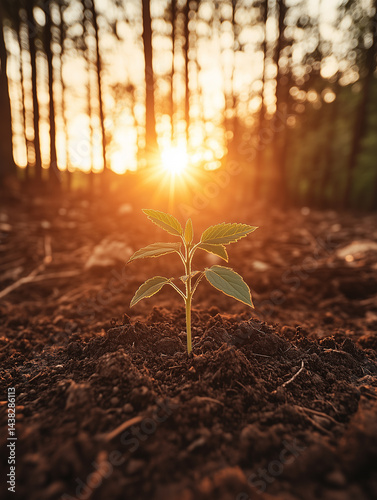 A plant sprout grows from the ground, surrounded by warm sunlight