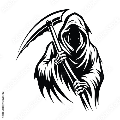 Grim Reaper Silhouette Cloaked Figure with Scythe, Monochrome Death Symbol Icon Design