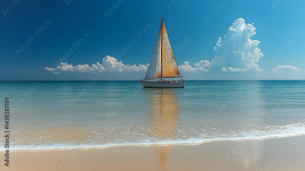 Obraz premium Sailboat rests on the clear blue waters near shore with fluffy clouds in the bright blue sky
