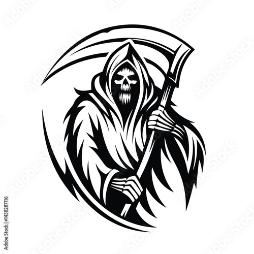 Grim Reaper Black & White Mascot, Skeleton Hand Gripping Scythe, Death Character Art