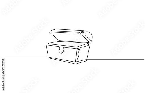 Treasure chest in continuous one line art style. Simple vector illustration, Open empty treasure chest one line continuous. Line art chest. Vector illustration, Treasure chest one line continuous.