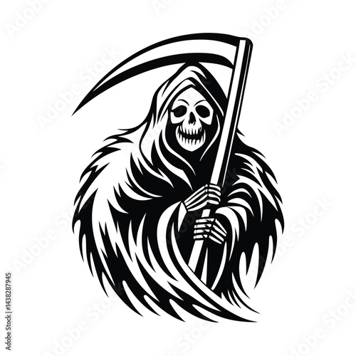 Grim Reaper with Scythe Black Silhouette on White Background | Death | Scary Figure