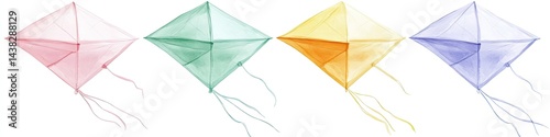 Four pastel diamond kites in pink, green, yellow, and purple