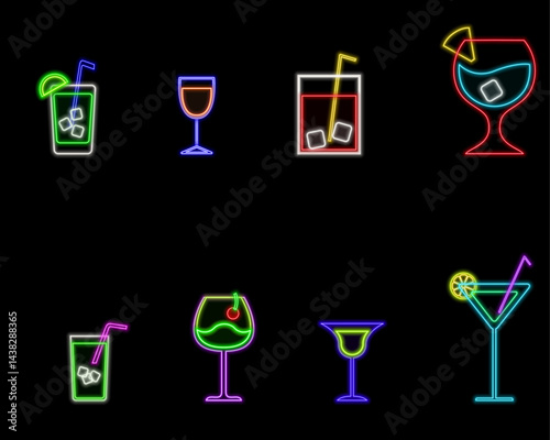 Neon light sign set. drinks icons. various models. cocktails
