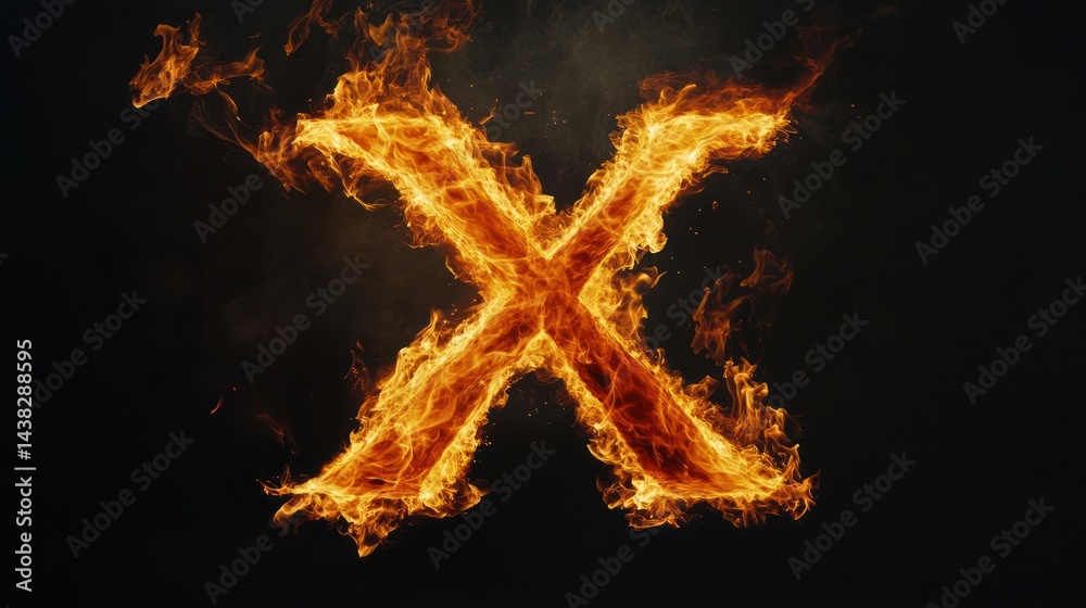 Fototapeta premium Fiery letter X burning against dark background; abstract design