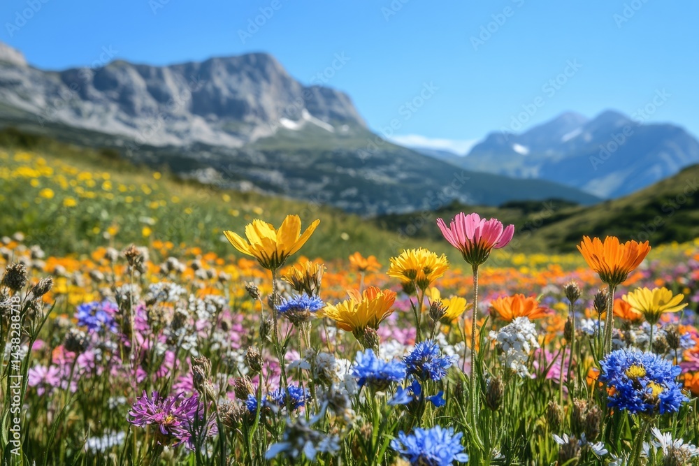 Fototapeta premium Vibrant wildflowers create a colorful tapestry in a mountain meadow, celebrating the arrival of spring